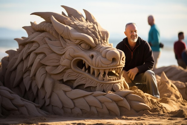 Escultores de areia criando obras-primas de dragões em festivais de praia de Ano Novo