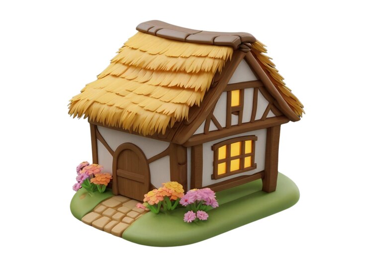 Escultura 3D de una cabaña europea tradicional en miniatura con un techo de paja y paredes de piedra