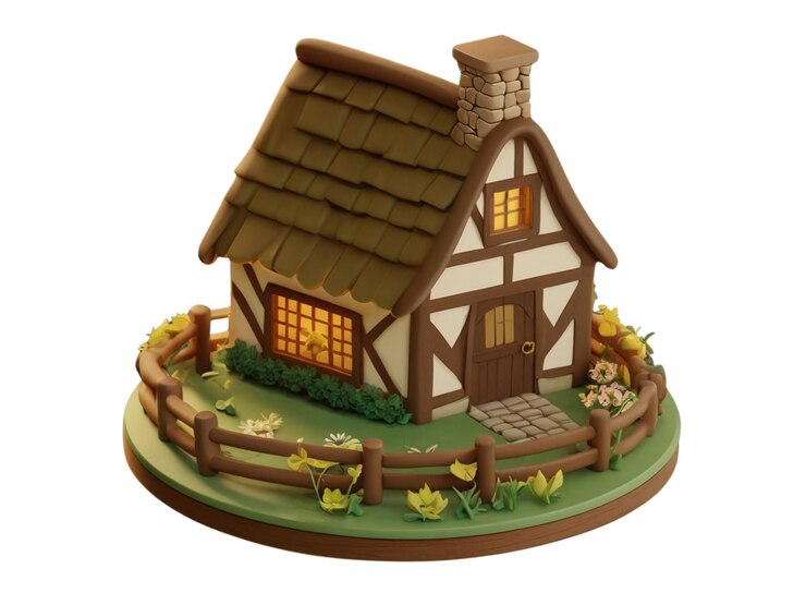 Escultura 3D de una cabaña europea tradicional en miniatura con un techo de paja y paredes de piedra