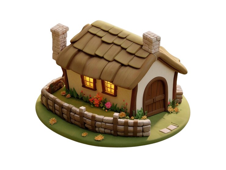 Escultura 3D de una cabaña europea tradicional en miniatura con un techo de paja y paredes de piedra