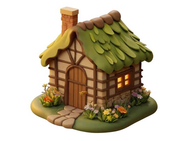 Escultura 3D de una cabaña europea tradicional en miniatura con un techo de paja y paredes de piedra