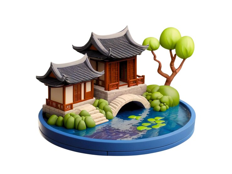 Escultura en 3D de una casa tradicional china en miniatura en el patio