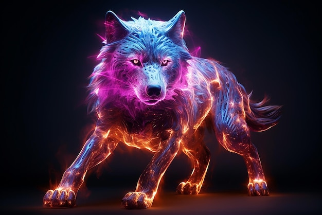 Una escultura 3d de luces de neón de arte de lobo muy realista.