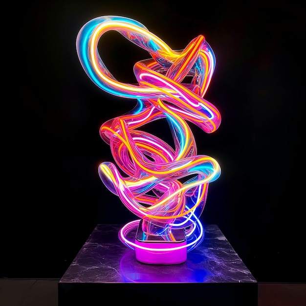 Escultura abstracta de brillo de neón con colores brillantes y formas con luminescencia interna