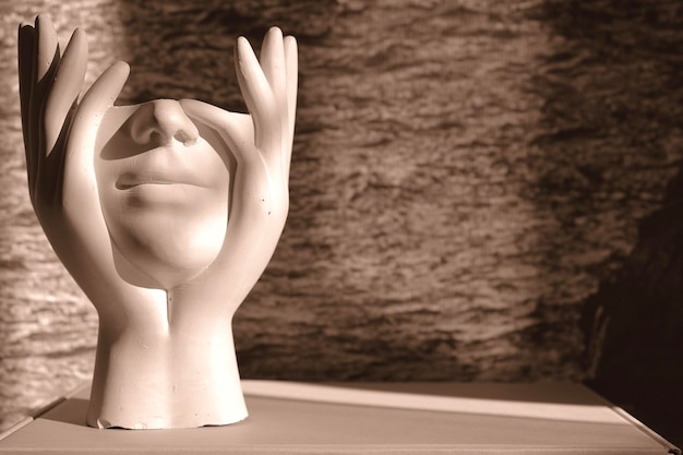 Escultura abstracta con cara y manos en tono sépia