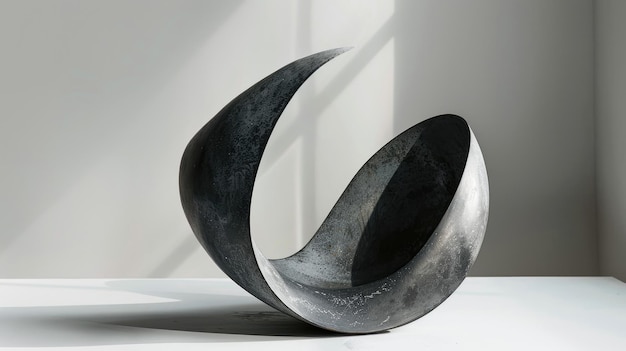 Escultura abstracta con diseño de franja de mobius que proyecta sombra en la superficie blanca
