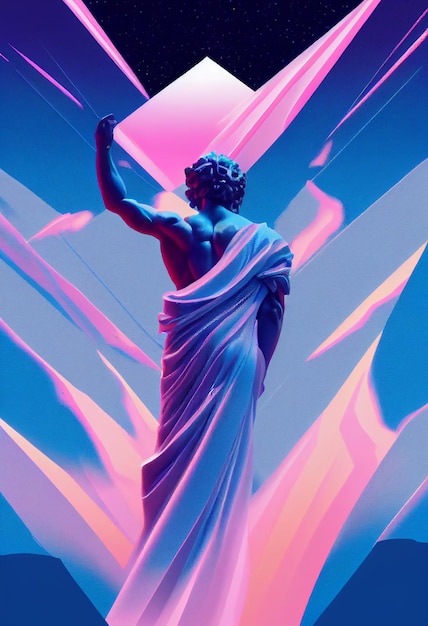 Escultura abstrata de deus grego na cidade retrowave pop design estilo vaporwave cores renderização em 3d