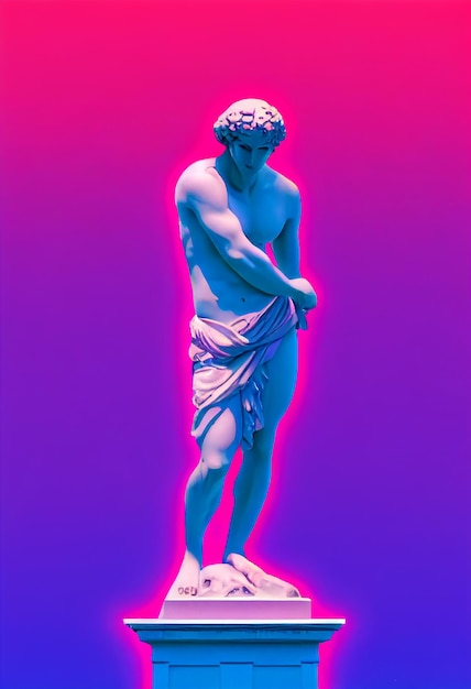 Escultura abstrata de deus grego na cidade retrowave pop design estilo vaporwave cores renderização em 3d