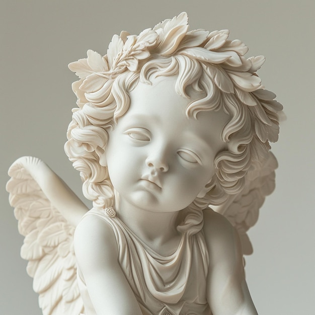 Una escultura de un ángel en vuelo con las alas elegantemente extendidas expresando una determinación serena