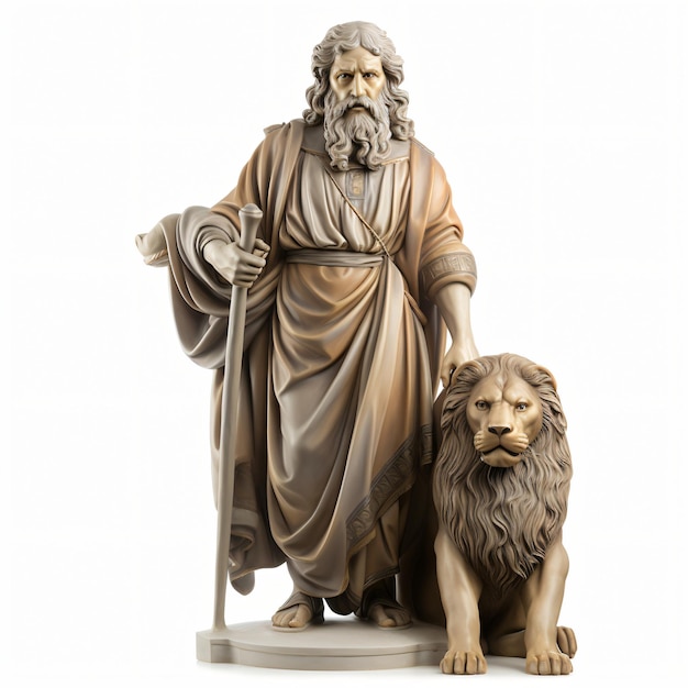 Escultura antiga do profeta israelita Daniel e um leão