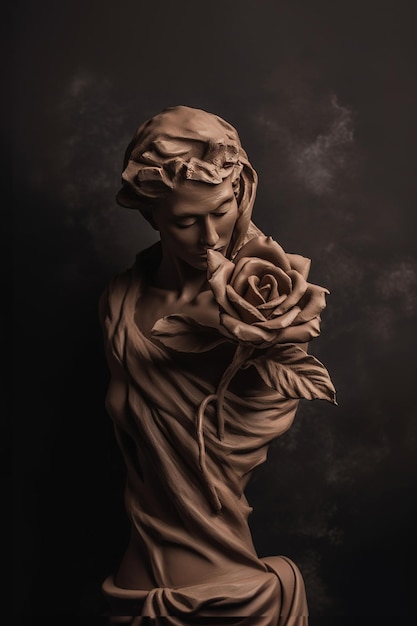 Escultura antiga fotorrealista com IA generativa e flores em cores neutras e suaves