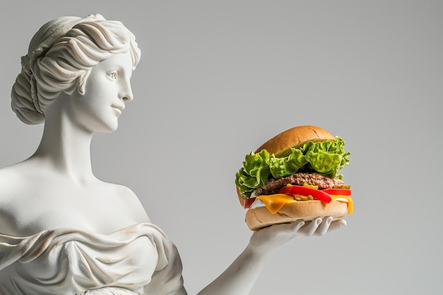 Escultura de la antigua diosa griega sosteniendo una hamburguesa Estatua de mármol femenina ofrece una hamburguese con queso Comida rápida comer en exceso mala dieta hábitos alimenticios no saludables concepto espacio de copia Maqueta del menú del restaurante