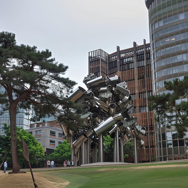 una escultura de un árbol está en frente de un edificio con un edificio en el fondo