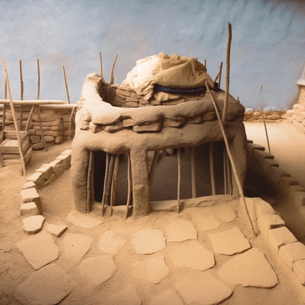 Una escultura de arena de una casa hecha por la gente del desierto.