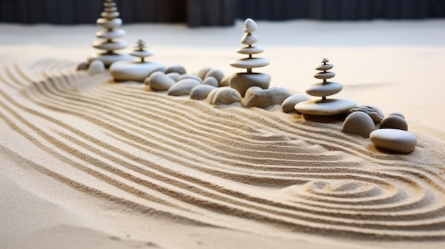 una escultura de arena de una escultura de arena con una pirámide de piedras en el medio.
