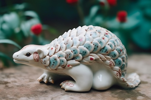 Una escultura de armadillo blanco con una flor roja en el fondo.