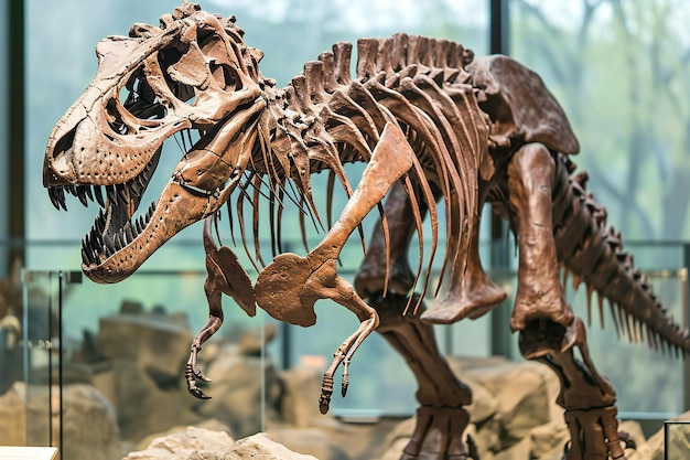 Escultura arquitetura e conceito de história Esqueleto de dinossauro em museu