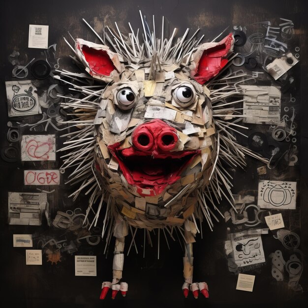 Foto la escultura artística de graffiti pig se encuentra con el arte de paja desintegrado