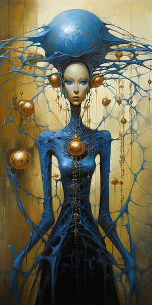 una escultura azul y dorada de una mujer con un árbol en el fondo