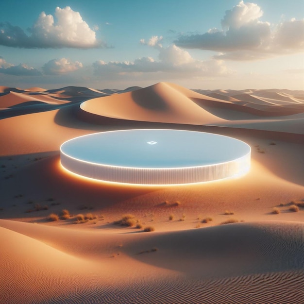 una escultura blanca en el desierto está rodeada de dunas de arena