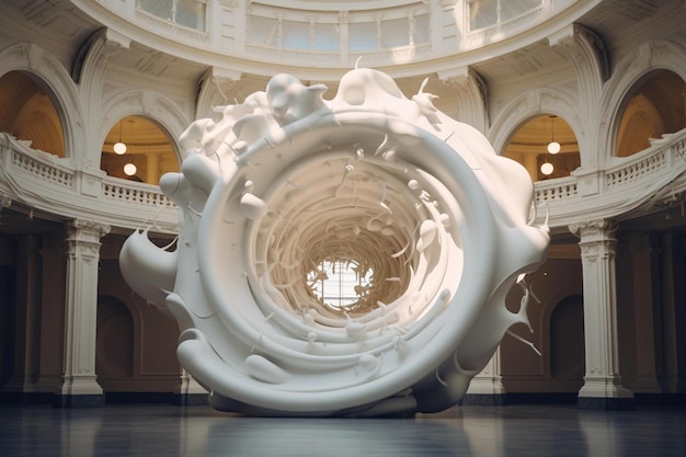 una escultura blanca de una gran espiral blanca y negra se muestra en una habitación blanca.