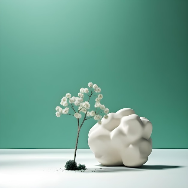 Una escultura blanca de una planta con flores blancas.