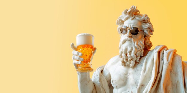 Foto escultura blanca de zeus con gafas de sol y un vaso de cerveza en la mano