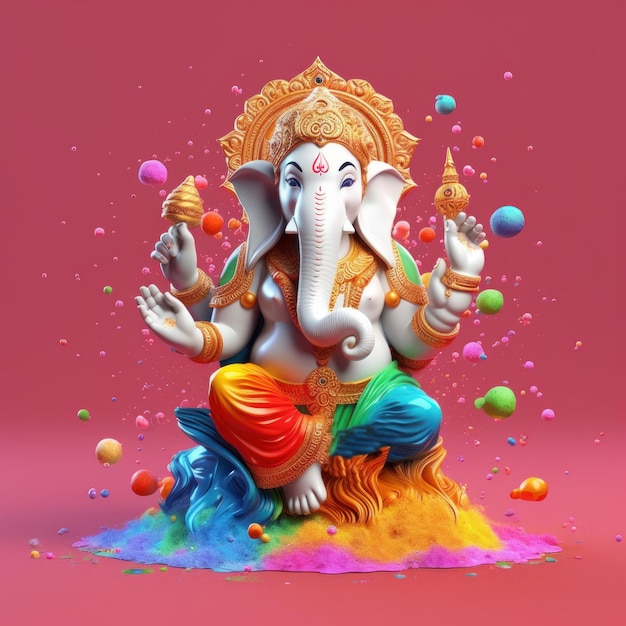 Escultura branca de ganesh ji 3d em fundo colorido generativo AI