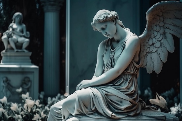 Foto escultura branca de um anjo no cemitério