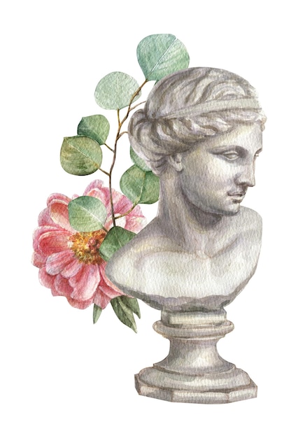 Escultura de cabeza clásica griega acuarela en flores de peonía y ramas de eucalipto.