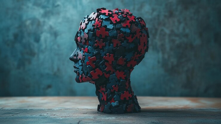 Una escultura de cabeza humana hecha de piezas de rompecabezas coloridas expuestas en un estudio débilmente iluminado