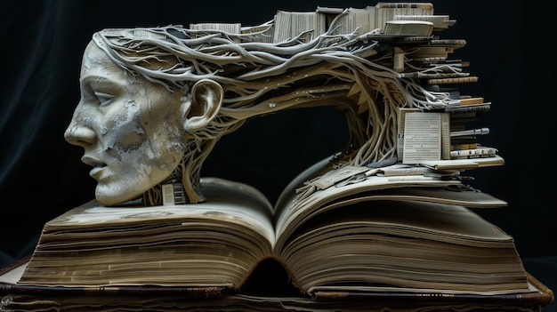 Foto escultura de una cabeza humana en un libro abierto