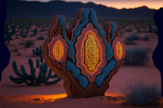 Una escultura de un cactus con un diseño que dice 'desierto'