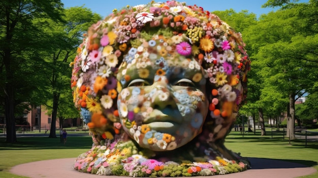 Foto una escultura de una cara con flores en el medio.