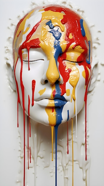 Una escultura de una cara con pintura goteando.