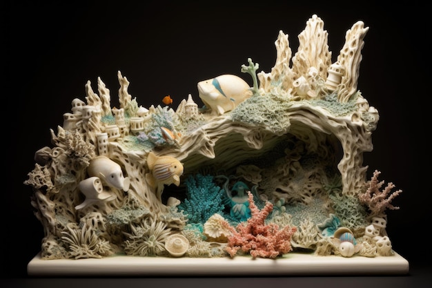 Escultura de cerámica de escena submarina con peces y corales creada con IA generativa