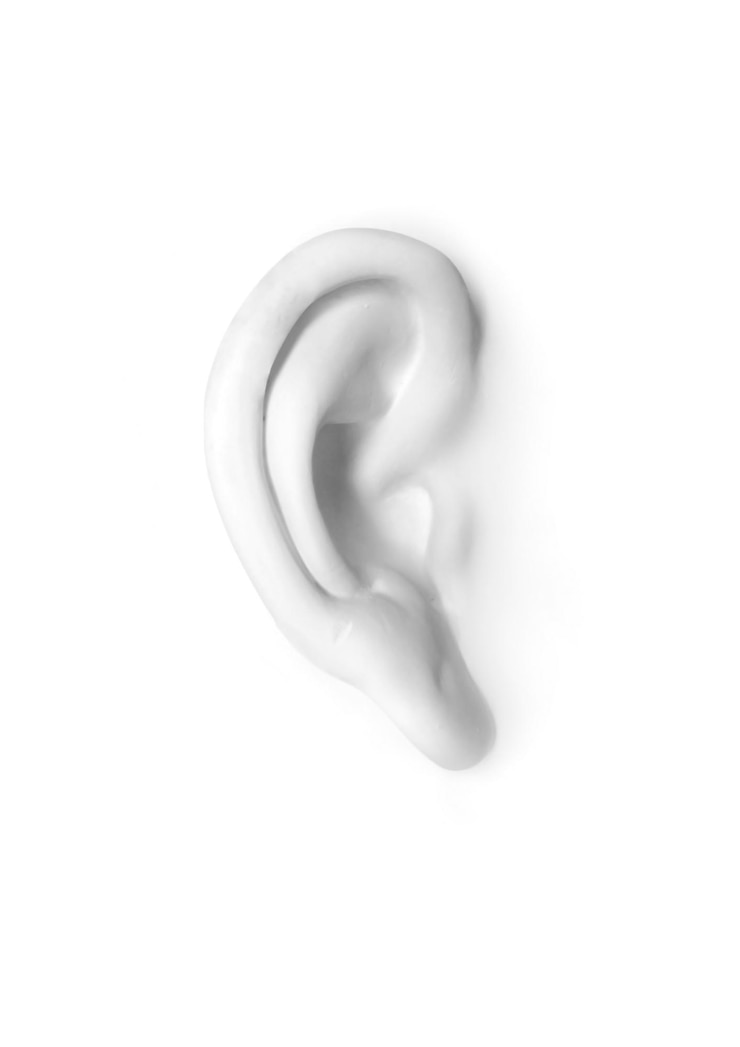 Escultura de cerámica de una oreja blanca con fondo blanco.