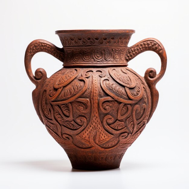 Escultura de cerámica persa antigua Un vaso marrón tallado único en blanco