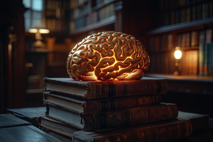 Escultura cerebral que brilla suavemente en viejos libros encuadernados en cuero en una biblioteca IA generativa