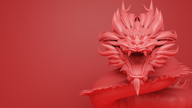 Escultura chinesa do dragão da renderização 3D isolada no conceito oriental asiático do fundo vermelho para o ano lunar