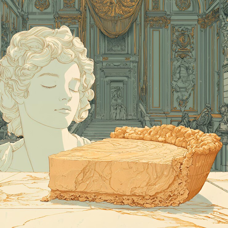 Foto escultura clássica e fatia de torta