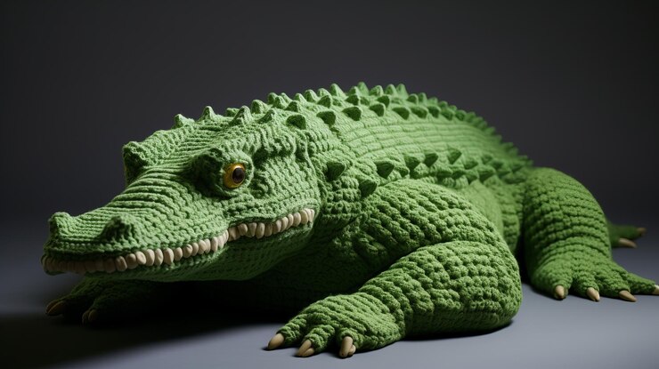Foto escultura de cocodrilo tejido con patrones audaces inspirada en la national geographic