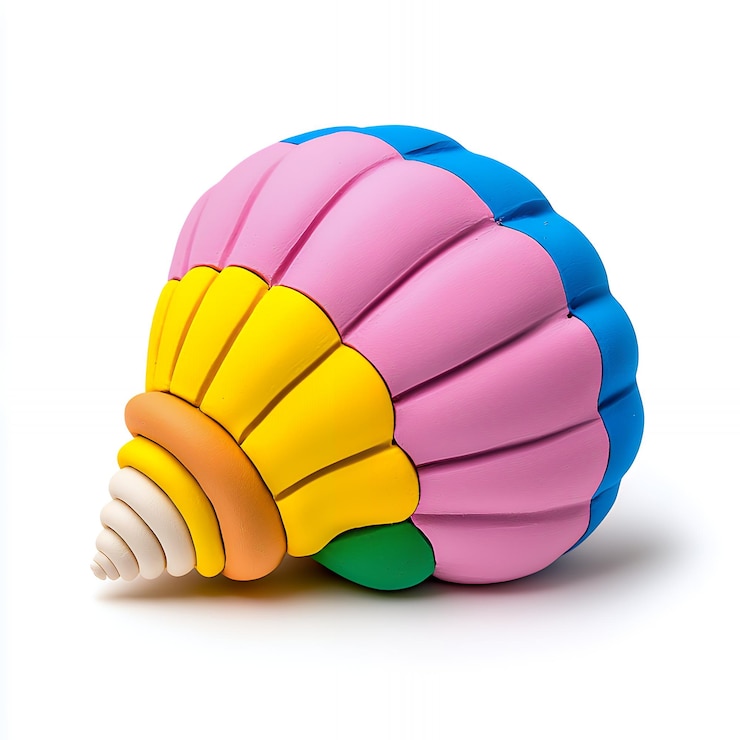 Foto escultura colorida de conchas marinas aislada sobre un fondo blanco