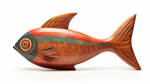 Escultura colorida de peixe esculpida em madeira com linhas de precisão
