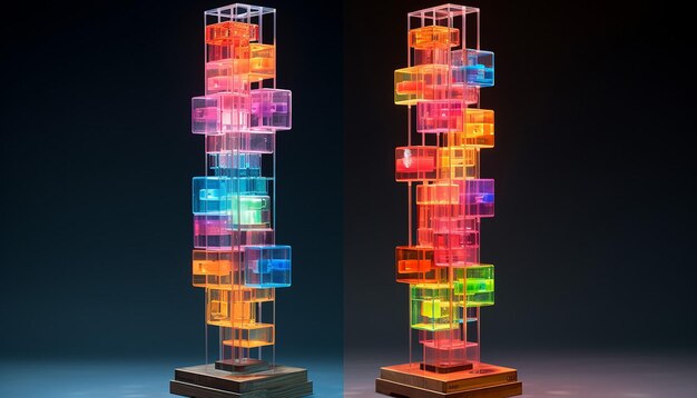 Foto una escultura compuesta de cuadrados de colores dibujo en perspectiva del método de compensación de grados del tubo nixie