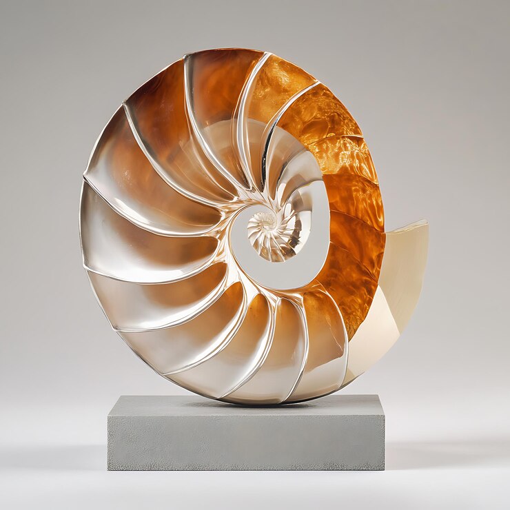 Foto escultura de concha de nautilus de plata y oro en base gris