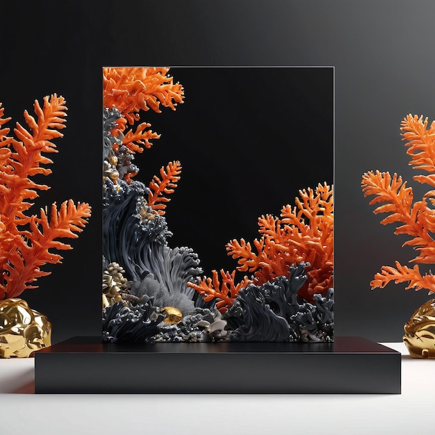 una escultura de coral con una base negra y acentos dorados