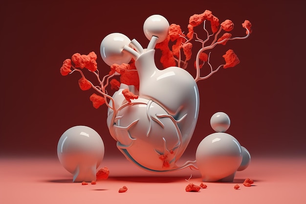 Escultura de corazón blanco con vena roja Un modelo anatómico muy detallado de un corazón humano con rojo