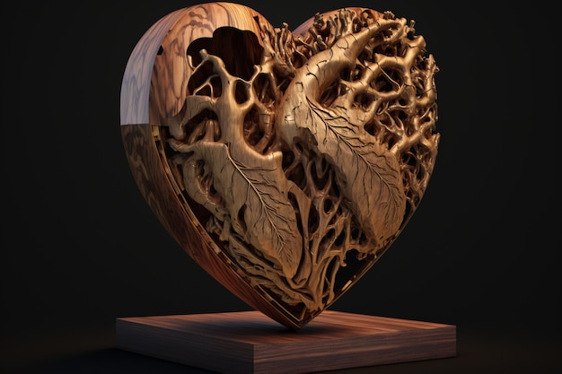 Una escultura de corazón de madera con un agujero en el medio.