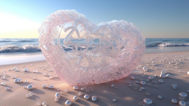 Una escultura de cristal en forma de corazón en una playa